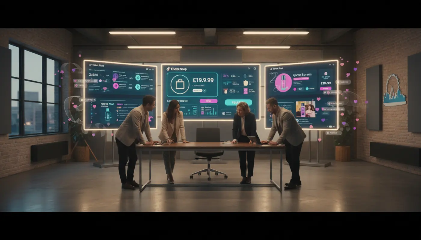 UK TikTok Shop studio scene with creators reviewing products and TikTok UI elements in a modern Leeds commercial setting.