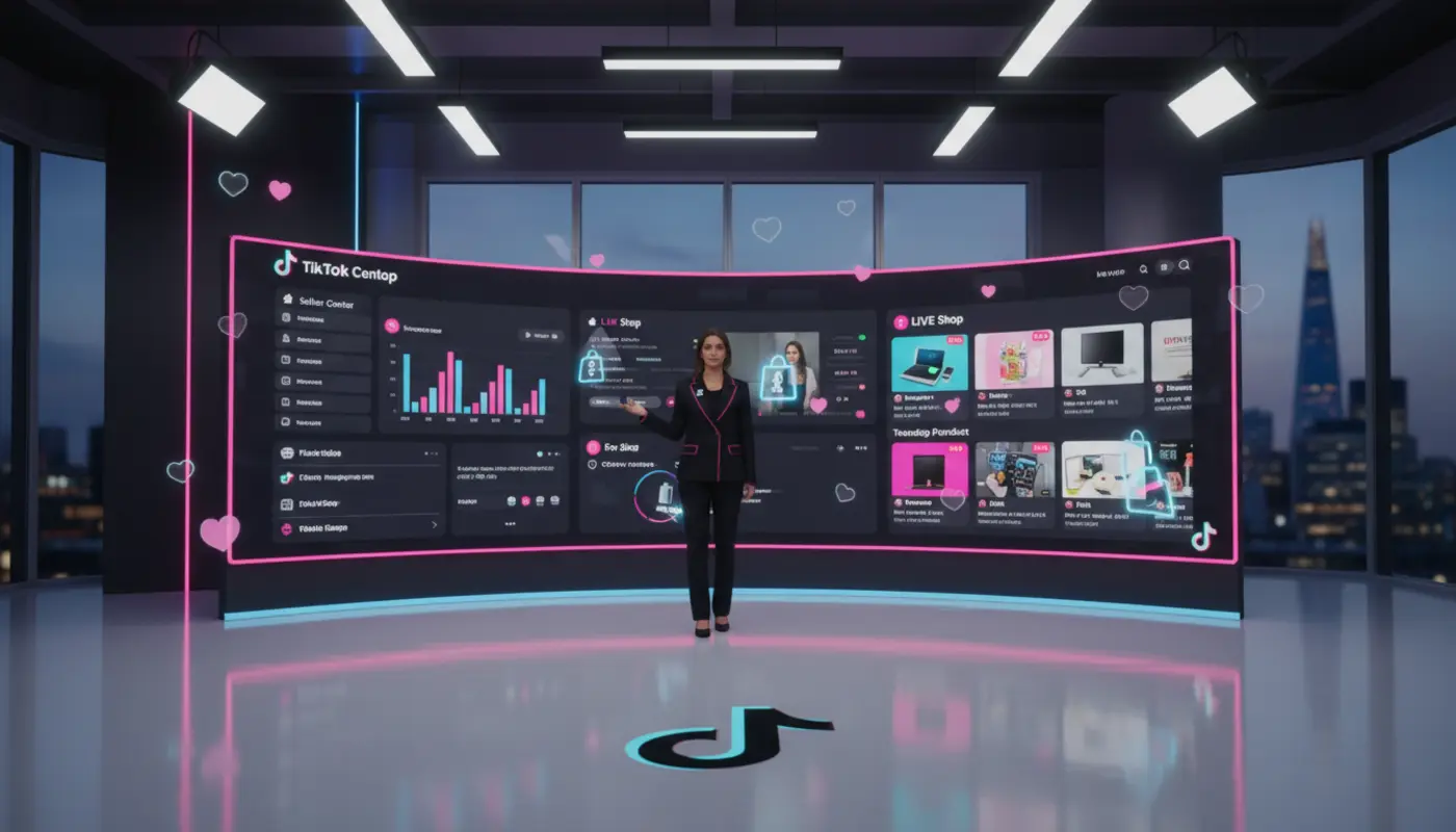 Professional London TikTok Shop studio scene with expert reviewing TikTok dashboards and UK icons, with The Shard in the background.