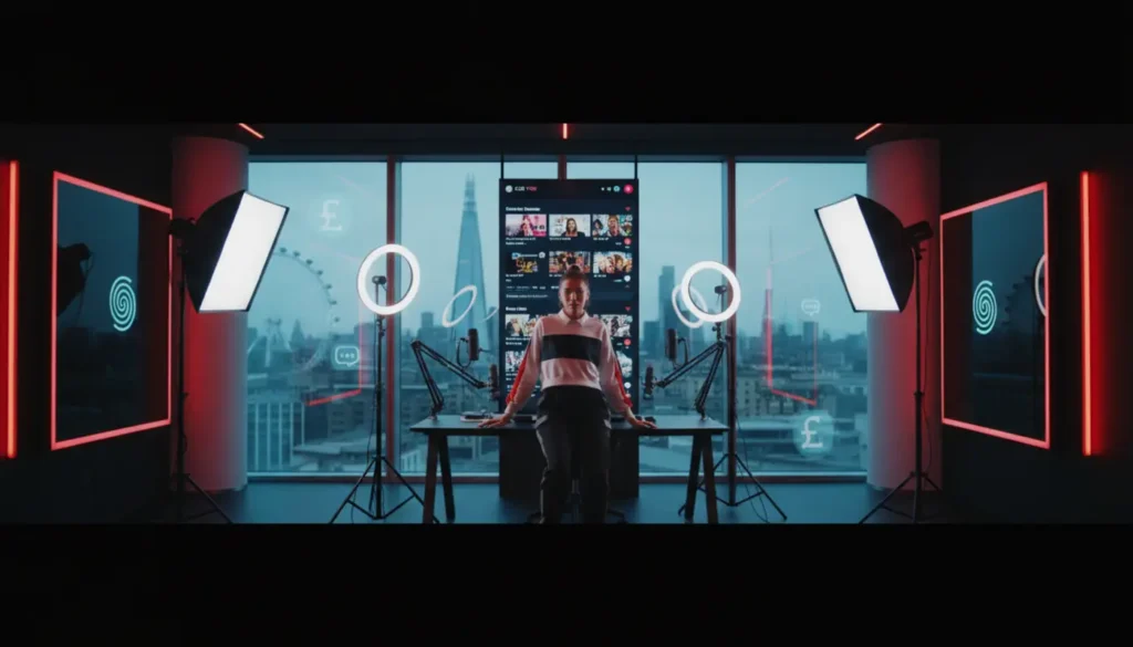UK TikTok studio with vibrant lighting, creator setup, and TikTok-style UI elements against a London skyline.