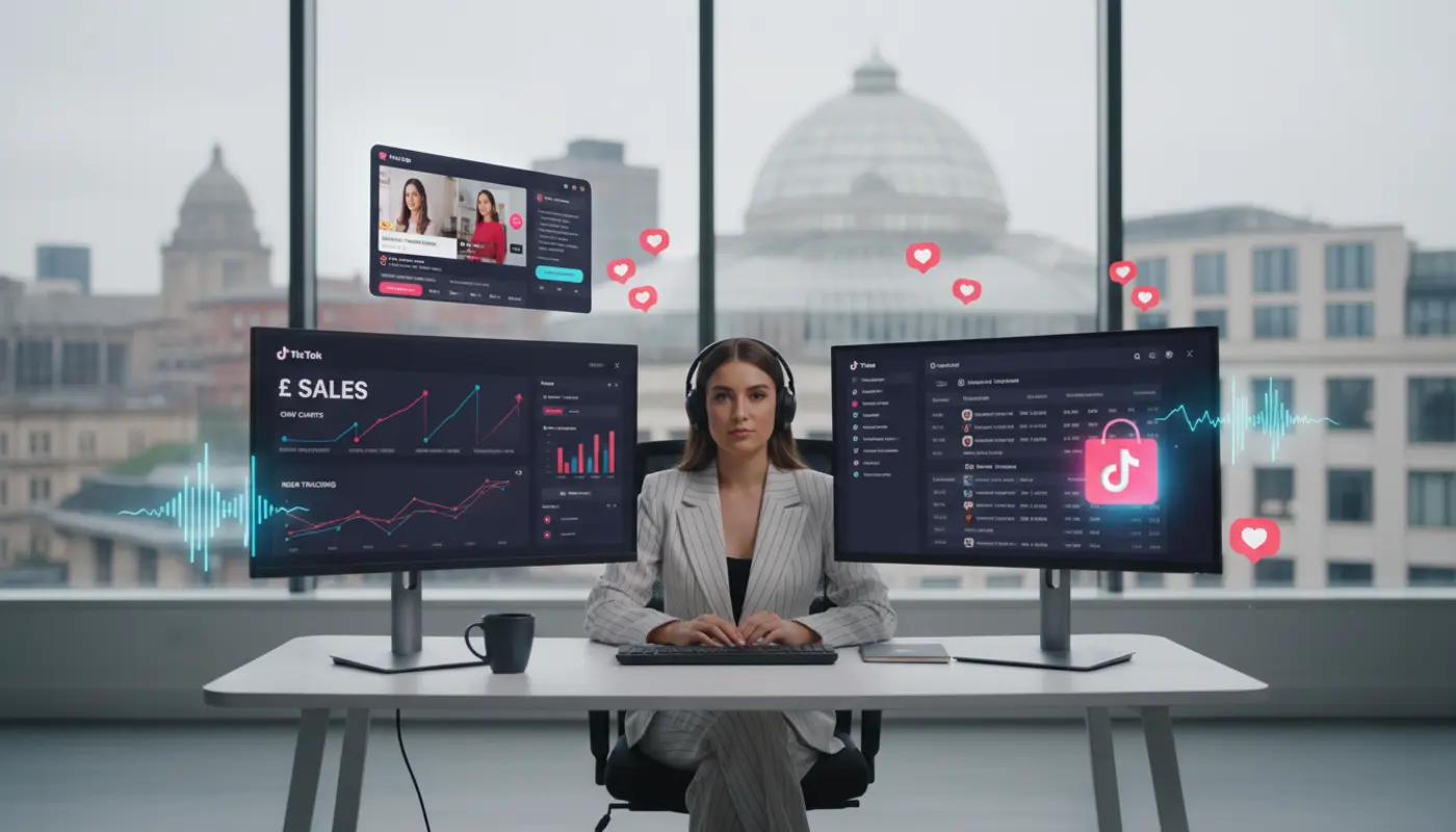 Professional TikTok Shop expert in a Sheffield studio reviewing sales dashboards with TikTok UI elements floating around.