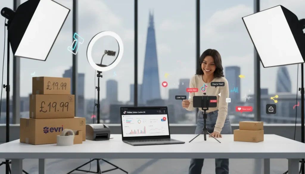 Modern London studio with TikTok Shop UI overlays, product boxes and a creator recording shoppable content for fast setup.