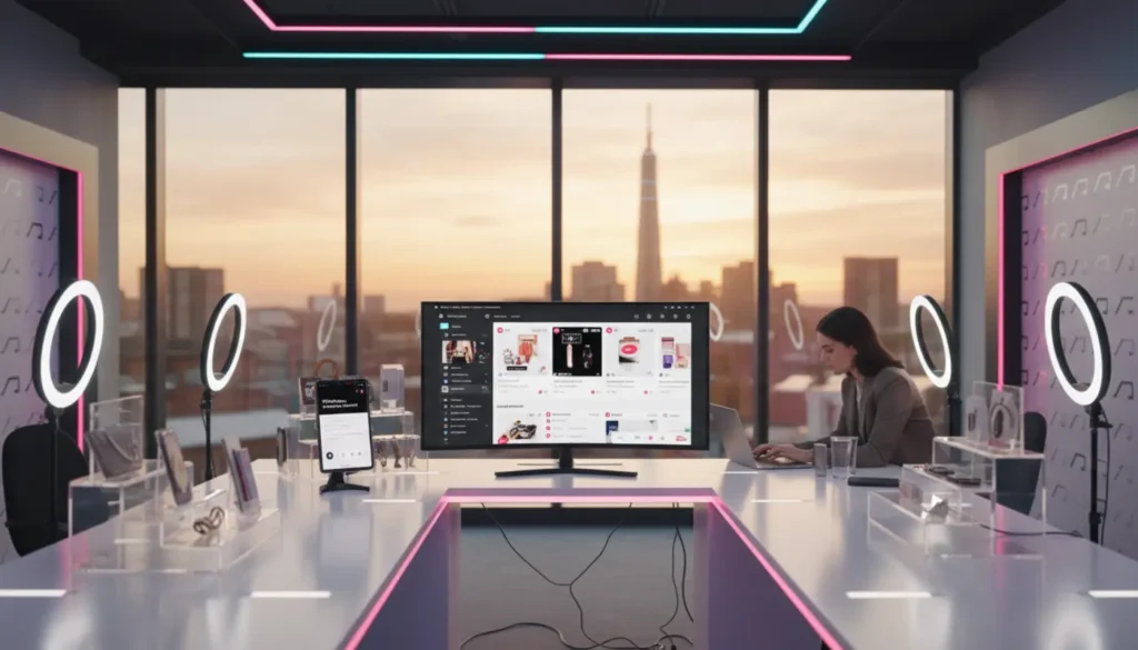Modern TikTok Shop studio in Manchester with product displays and TikTok UI elements against a soft skyline backdrop.