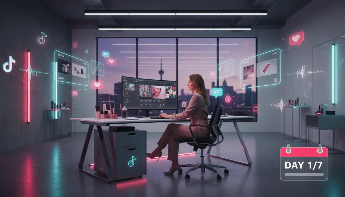Professional TikTok Shop studio scene in Sheffield with UK seller preparing listings and floating TikTok UI icons.