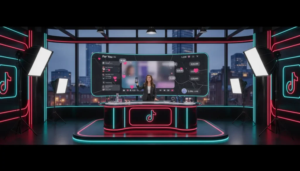 Professional TikTok Live studio scene in Manchester with presenter, TikTok UI overlays and vibrant UK live‑commerce setup.