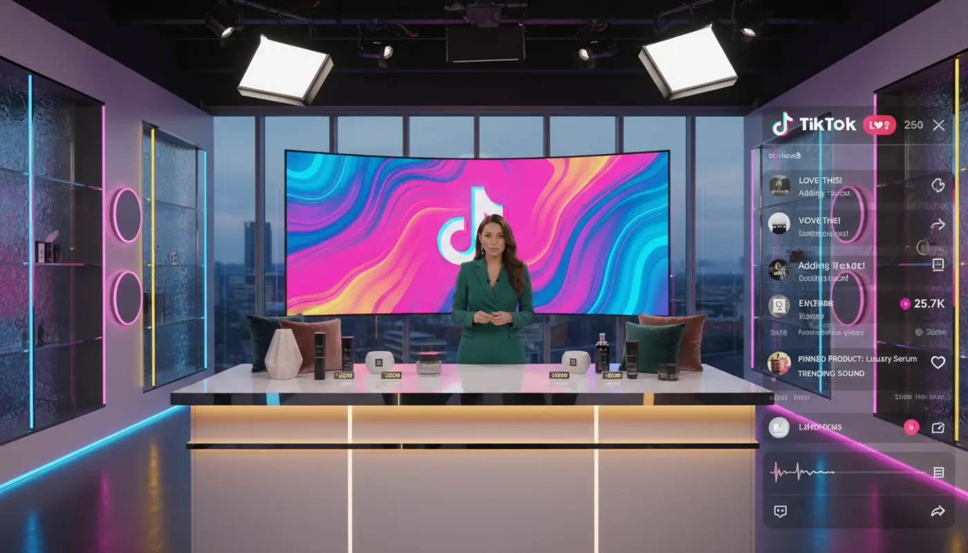 Professional TikTok Shop Live studio in Sheffield with a host presenting products and TikTok UI overlays in vibrant lighting.