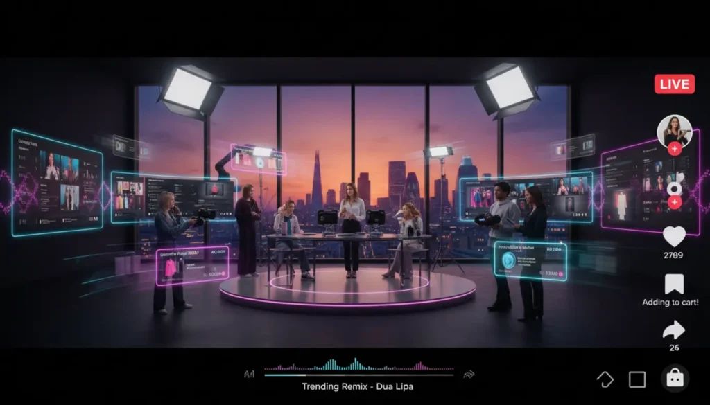 Creators in a London TikTok Shop studio live-selling products with TikTok UI icons and the city skyline in the background.