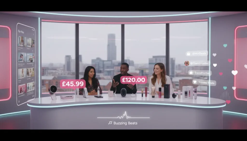 Creators host a TikTok Shop live session in a modern Manchester studio with floating UI icons and a bright commercial setup.