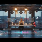 Creator in a Sheffield TikTok Shop studio hosting a live demo with TikTok UI icons and bright UK commercial lighting.