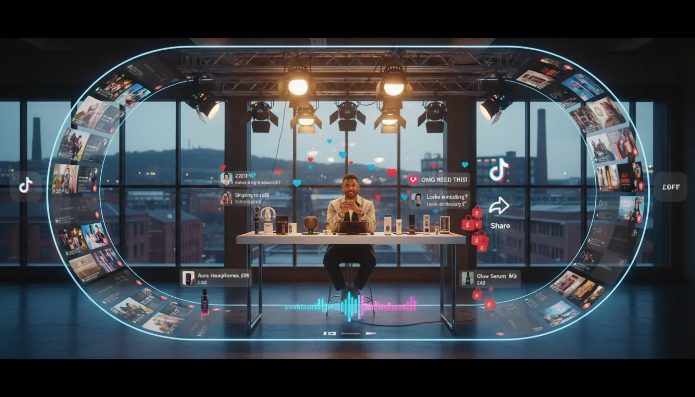 Creator in a Sheffield TikTok Shop studio hosting a live demo with TikTok UI icons and bright UK commercial lighting.
