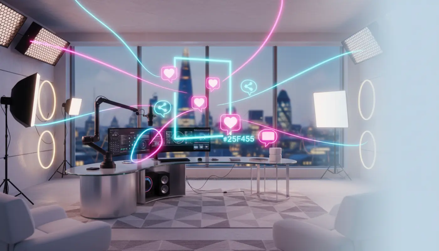 UK TikTok studio with glowing TikTok UI elements and London skyline in the background.