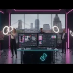 Modern TikTok Shop studio in Bristol with creators, product displays and TikTok UI elements in a bright commercial setting.