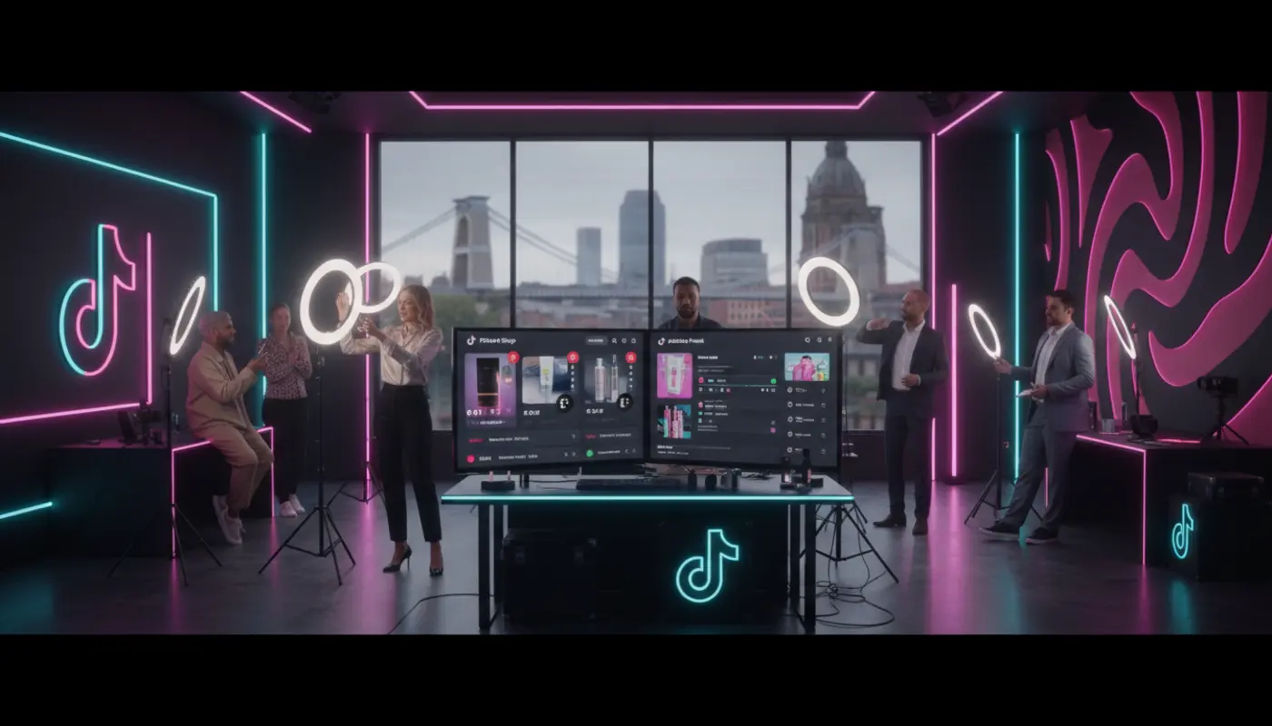Modern TikTok Shop studio in Bristol with creators, product displays and TikTok UI elements in a bright commercial setting.
