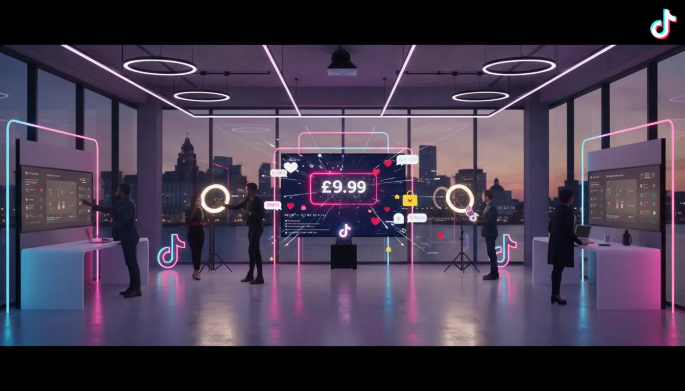Bright TikTok Shop studio in Liverpool with creators, live shopping screens and UK ecommerce visuals.