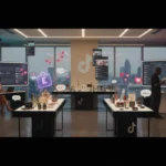Premium TikTok Shop studio scene in Nottingham with creators, product displays and floating TikTok UI elements.