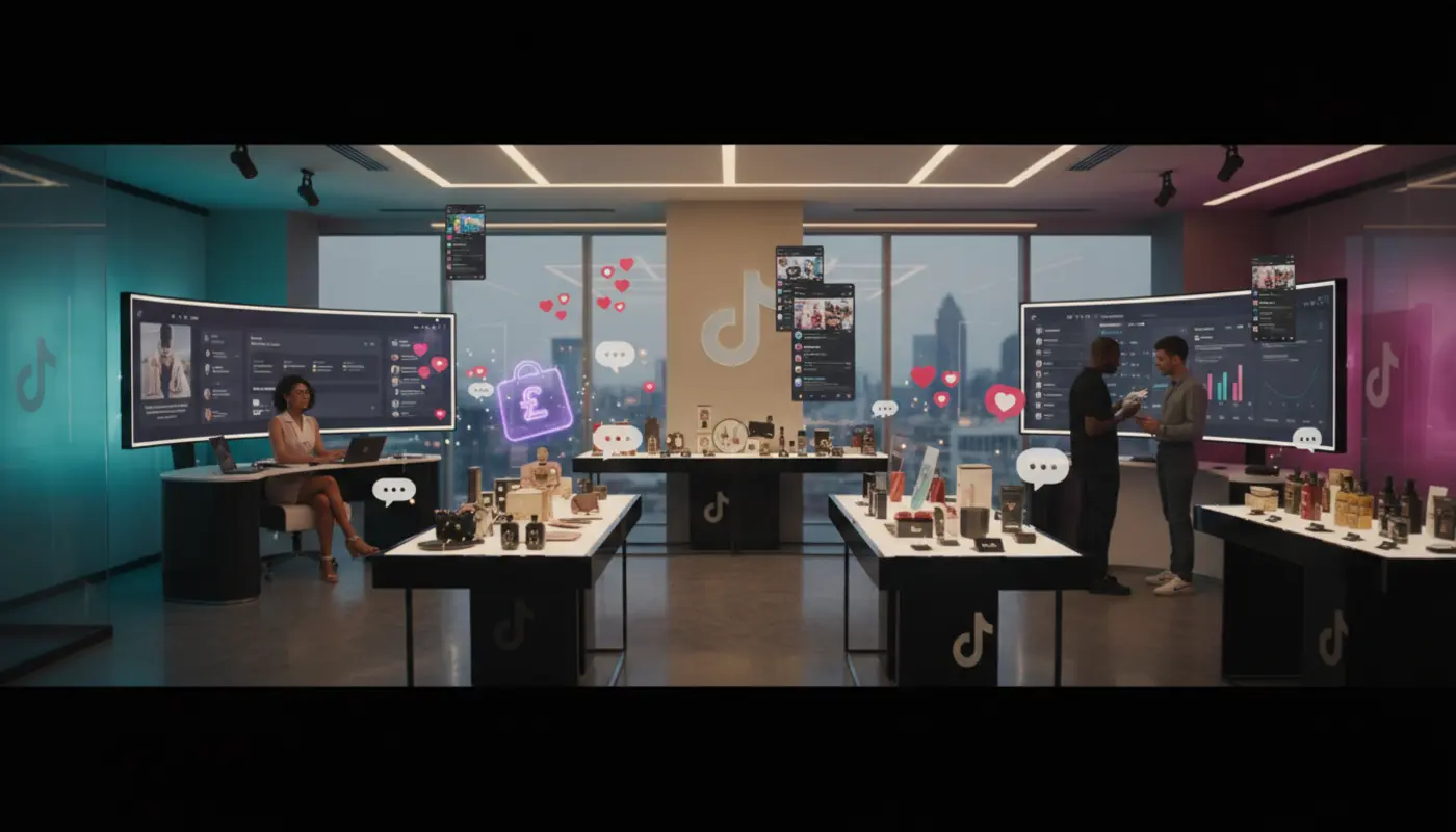 Premium TikTok Shop studio scene in Nottingham with creators, product displays and floating TikTok UI elements.