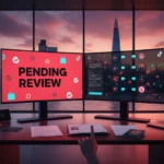 Modern UK TikTok Shop studio with approval dashboard and London skyline in bright cinematic lighting.