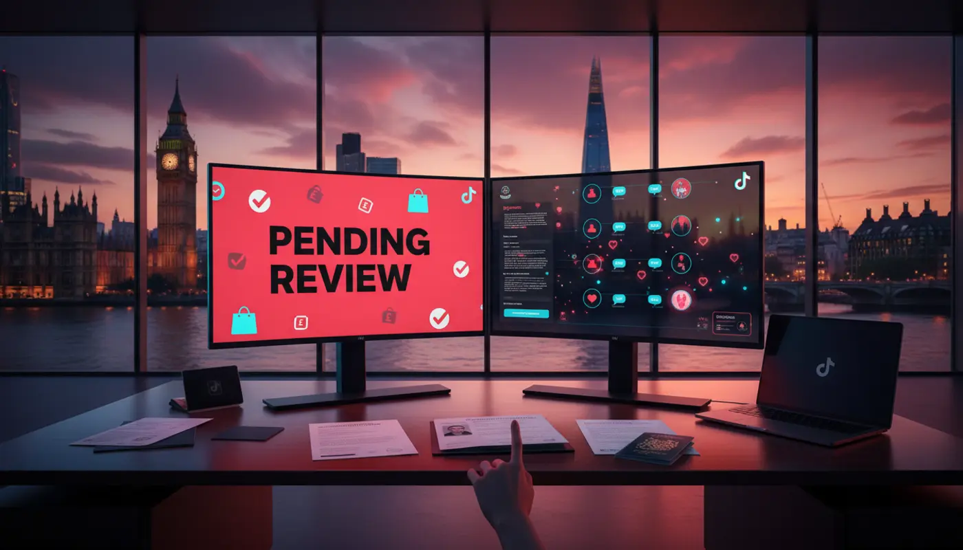 Modern UK TikTok Shop studio with approval dashboard and London skyline in bright cinematic lighting.