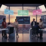 UK team reviewing TikTok Shop dashboards in a modern London studio with TikTok UI elements and sales metrics.