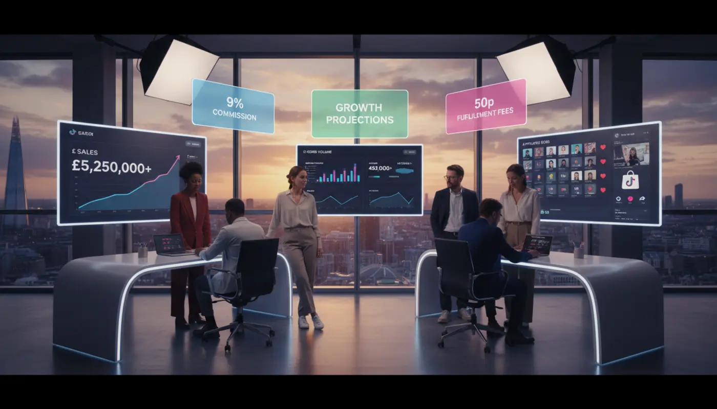 UK team reviewing TikTok Shop dashboards in a modern London studio with TikTok UI elements and sales metrics.