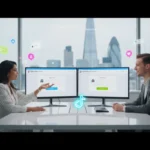 Modern London studio scene showing TikTok Shop user management invite with floating TikTok UI icons and vibrant lighting.