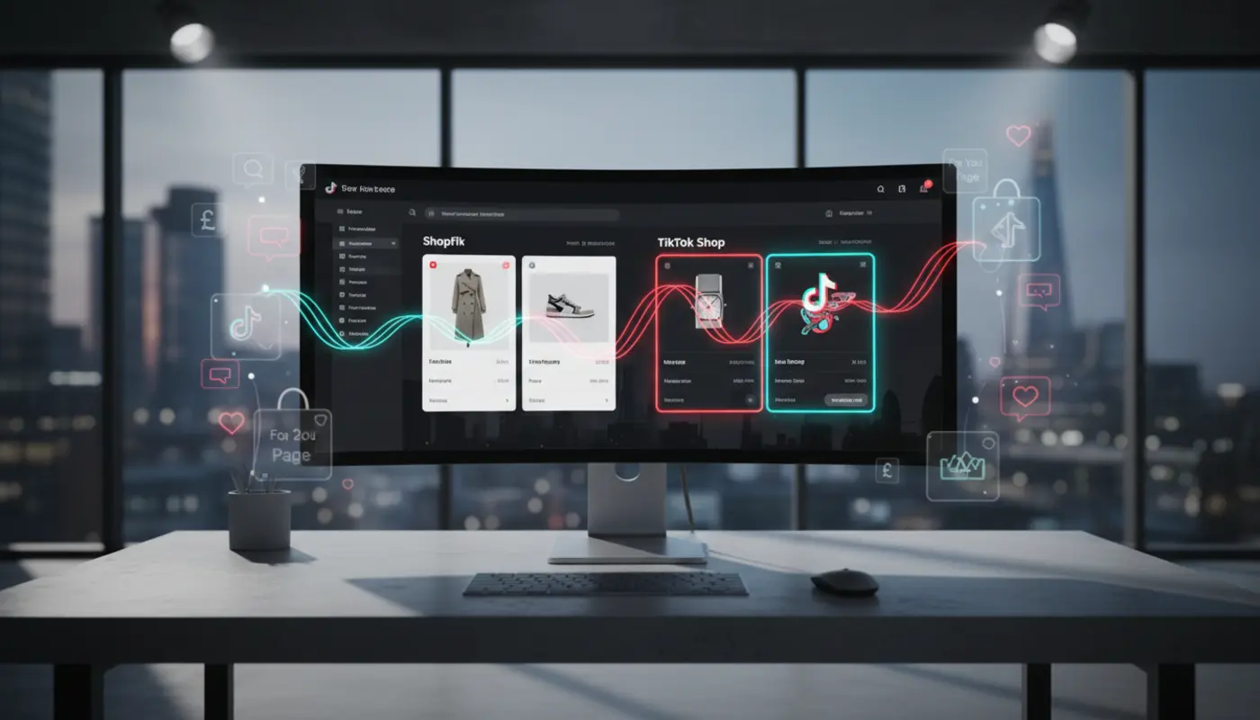UK studio workspace showing Shopify syncing with TikTok Shop, with TikTok UI icons and London details.