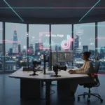Cinematic UK TikTok studio with London skyline and floating TikTok UI elements in vibrant branded lighting.