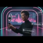 UK TikTok creator filming in a bright London studio with TikTok UI elements floating around.