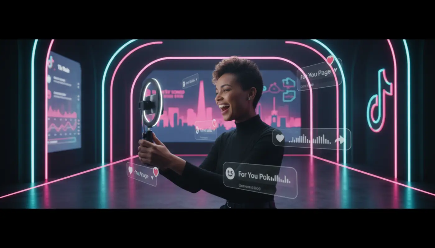 UK TikTok creator filming in a bright London studio with TikTok UI elements floating around.