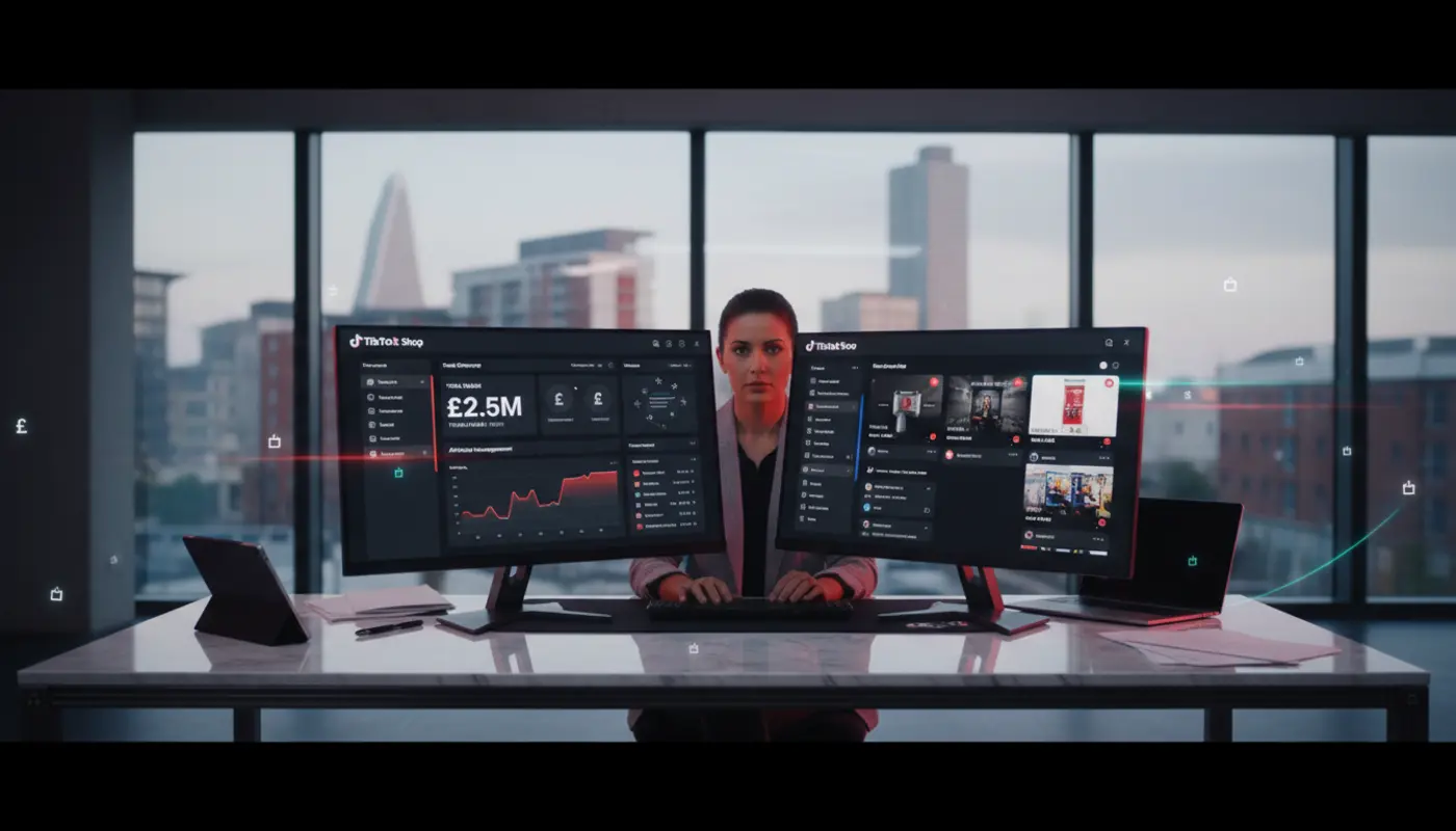 Professional TikTok Shop expert reviewing sales metrics in a Leeds studio with authentic TikTok UI elements and city skyline.