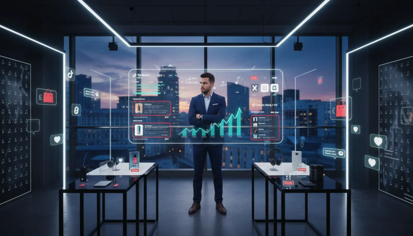 Professional TikTok Shop studio scene in Liverpool with analytics screens, product displays and TikTok UI icons.