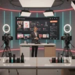 Cinematic UK TikTok Shop studio in Nottingham with expert analysing TikTok metrics and vibrant branded UI elements.