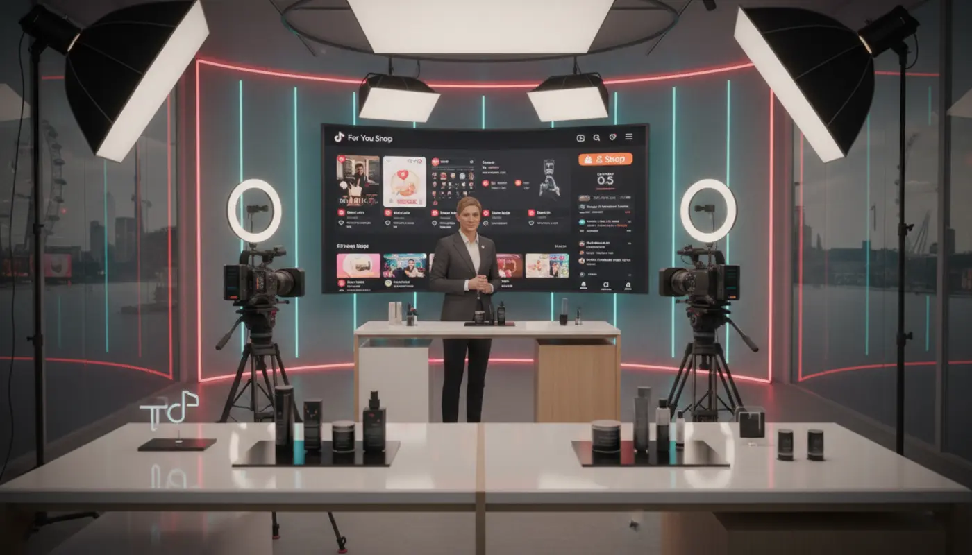 Cinematic UK TikTok Shop studio in Nottingham with expert analysing TikTok metrics and vibrant branded UI elements.