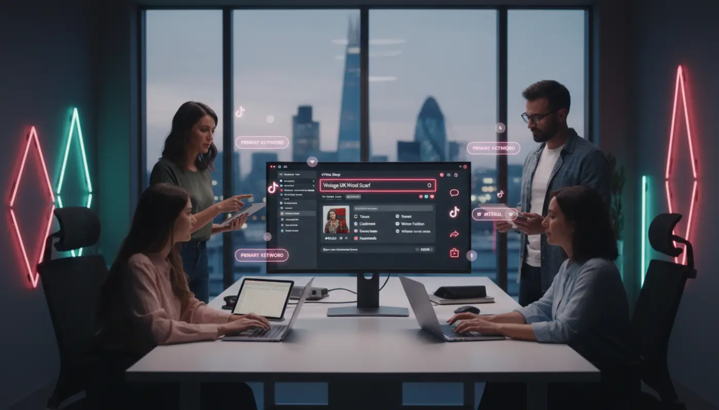 UK creators in a London studio refining TikTok Shop product titles with TikTok UI elements and keyword tools on screen.