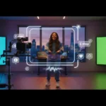 Bright UK TikTok studio setup with creator station, London skyline backdrop, and floating TikTok UI elements.