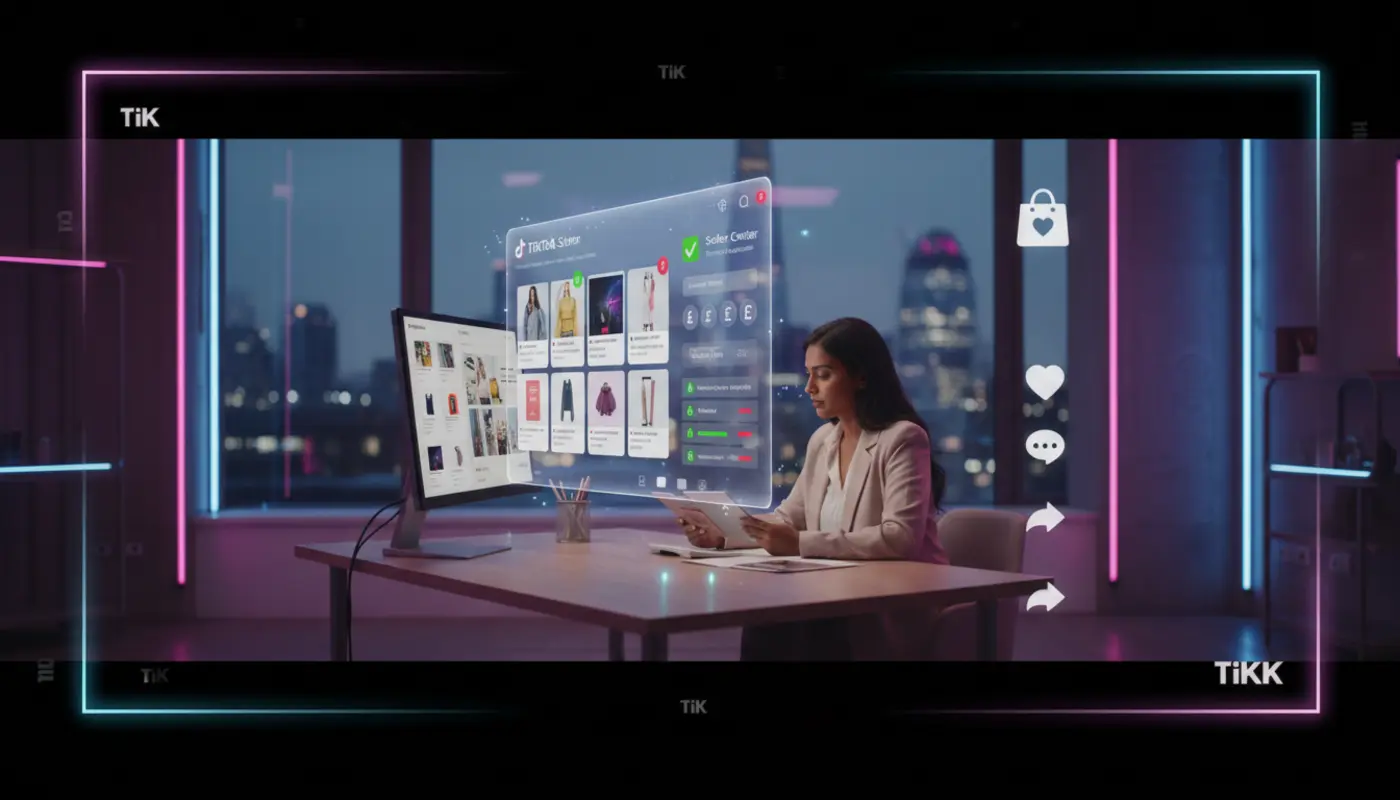 Professional UK TikTok Shop studio scene with Seller Center UI elements and London skyline in the background.