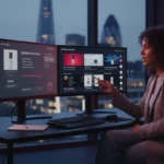 Modern UK TikTok Shop studio with creator editing product descriptions on screens showing TikTok UI and £ pricing elements.