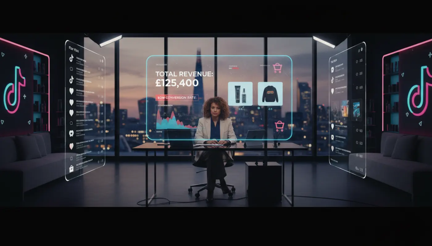 UK creator in a TikTok Shop studio reviewing low-conversion analytics with TikTok UI elements and London skyline in background.