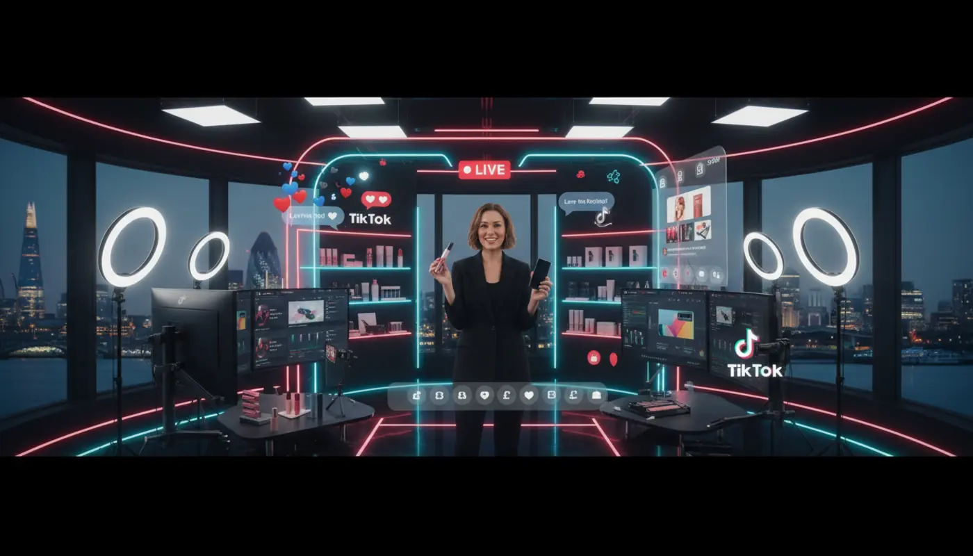 TikTok Shop LIVE host demoing products in a UK studio with TikTok UI elements and London skyline in view.