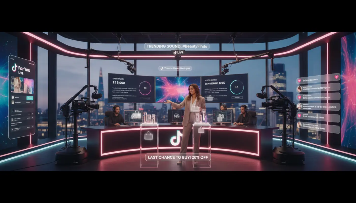 Premium London TikTok LIVE studio with host, analytics screens and TikTok UI overlays showcasing professional ROI-focused setup.