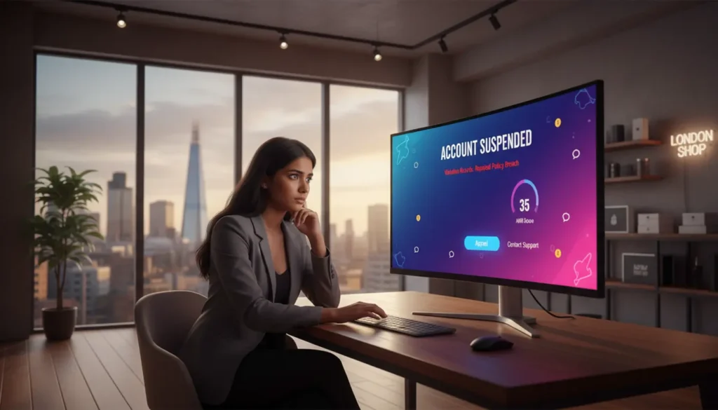 UK TikTok Shop seller reviewing a suspension notice in a modern London studio with authentic TikTok UI on screen.