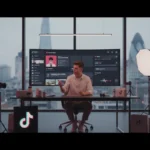 Creator in a London TikTok Shop studio reviewing ad creatives on a big screen with TikTok UI elements and vibrant lighting.