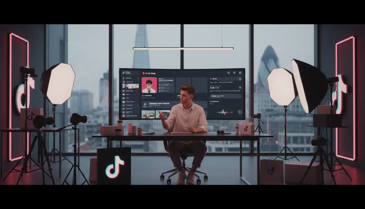 Creator in a London TikTok Shop studio reviewing ad creatives on a big screen with TikTok UI elements and vibrant lighting.