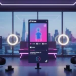 Vibrant UK TikTok studio overlooking London with glowing TikTok UI elements on screens.