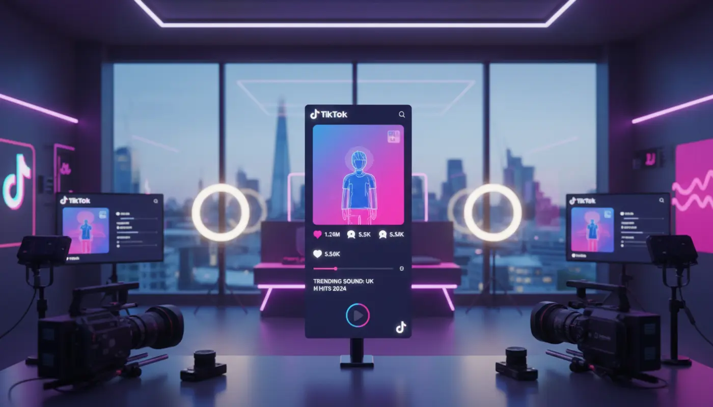 Vibrant UK TikTok studio overlooking London with glowing TikTok UI elements on screens.
