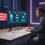 UK TikTok Shop seller in a London studio reviewing verification documents on a screen showing a rejection notice.