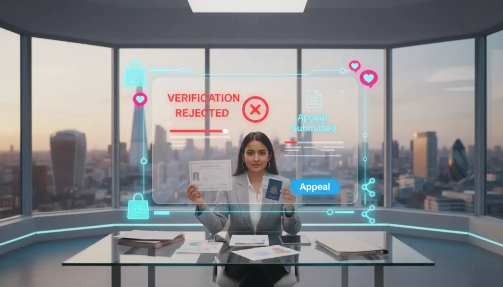 UK seller in a bright studio reviewing TikTok Shop verification documents with floating TikTok UI elements and London skyline backdrop.