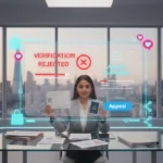 UK seller in a bright studio reviewing TikTok Shop verification documents with floating TikTok UI elements and London skyline backdrop.
