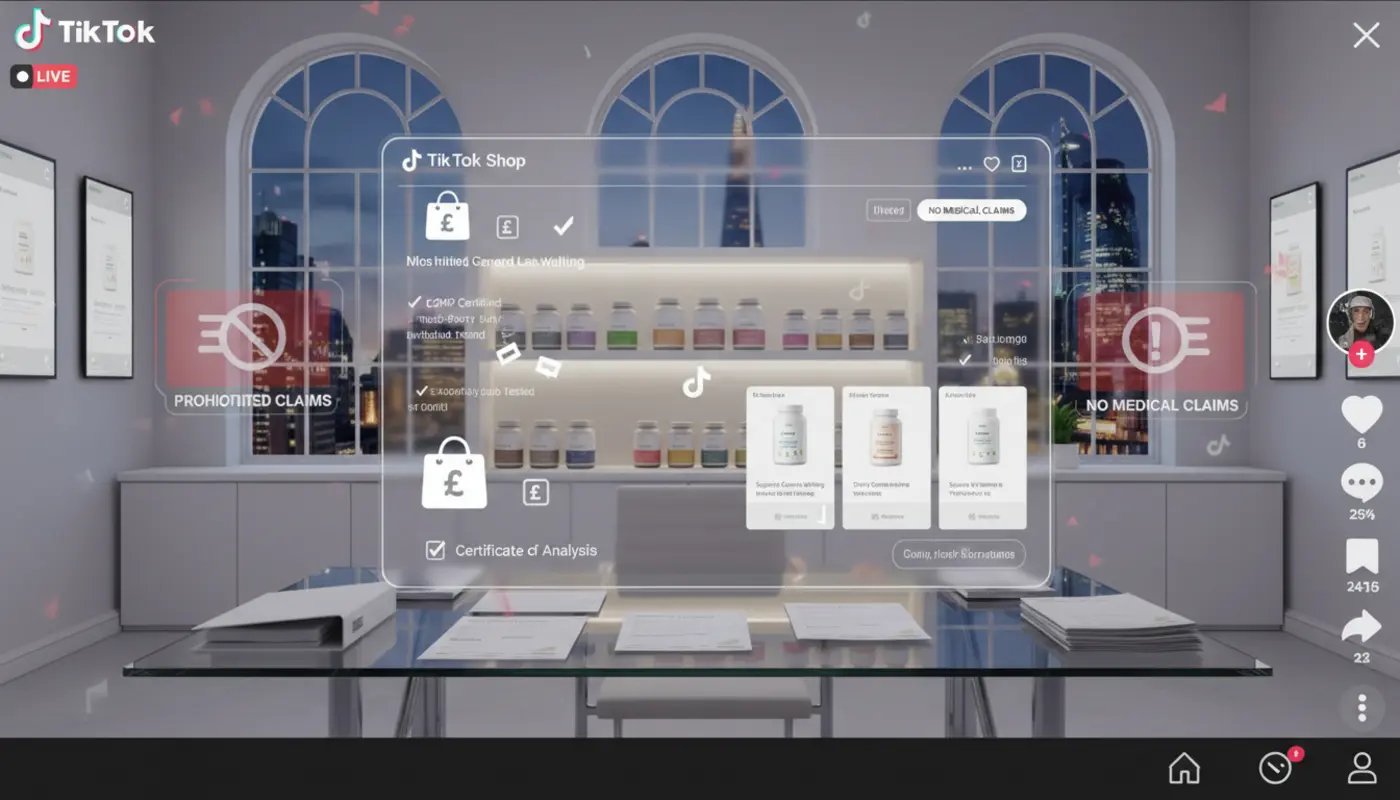 Modern UK TikTok Shop studio with supplement products, compliance documents and TikTok UI overlays highlighting health‑claim rules.