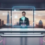 UK creator in a bright TikTok Shop studio as a passport is scanned on screen with London skyline in the background.