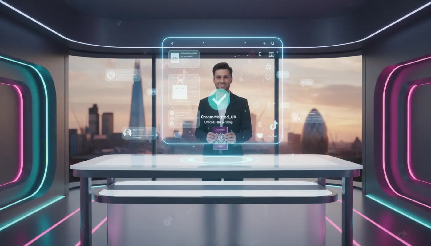 UK creator in a bright TikTok Shop studio as a passport is scanned on screen with London skyline in the background.